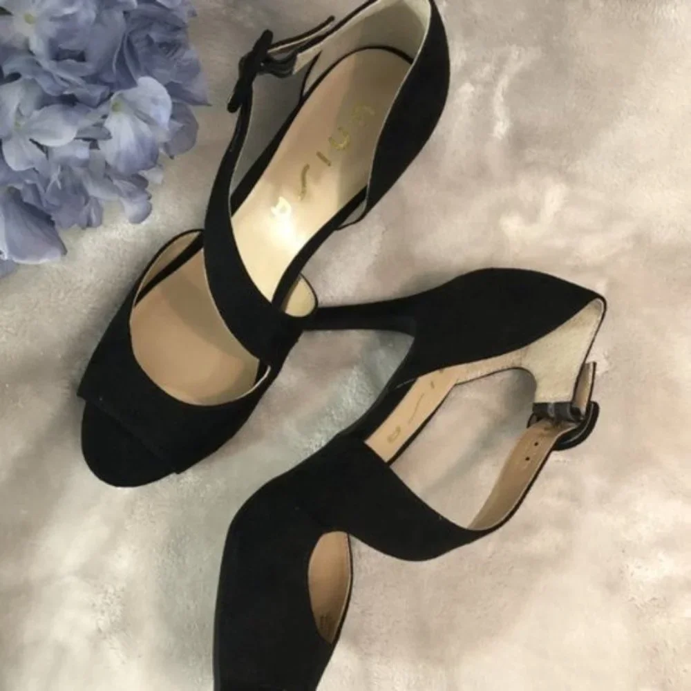 Unisa Black Suede Crisscross Peep-Toe Heels
